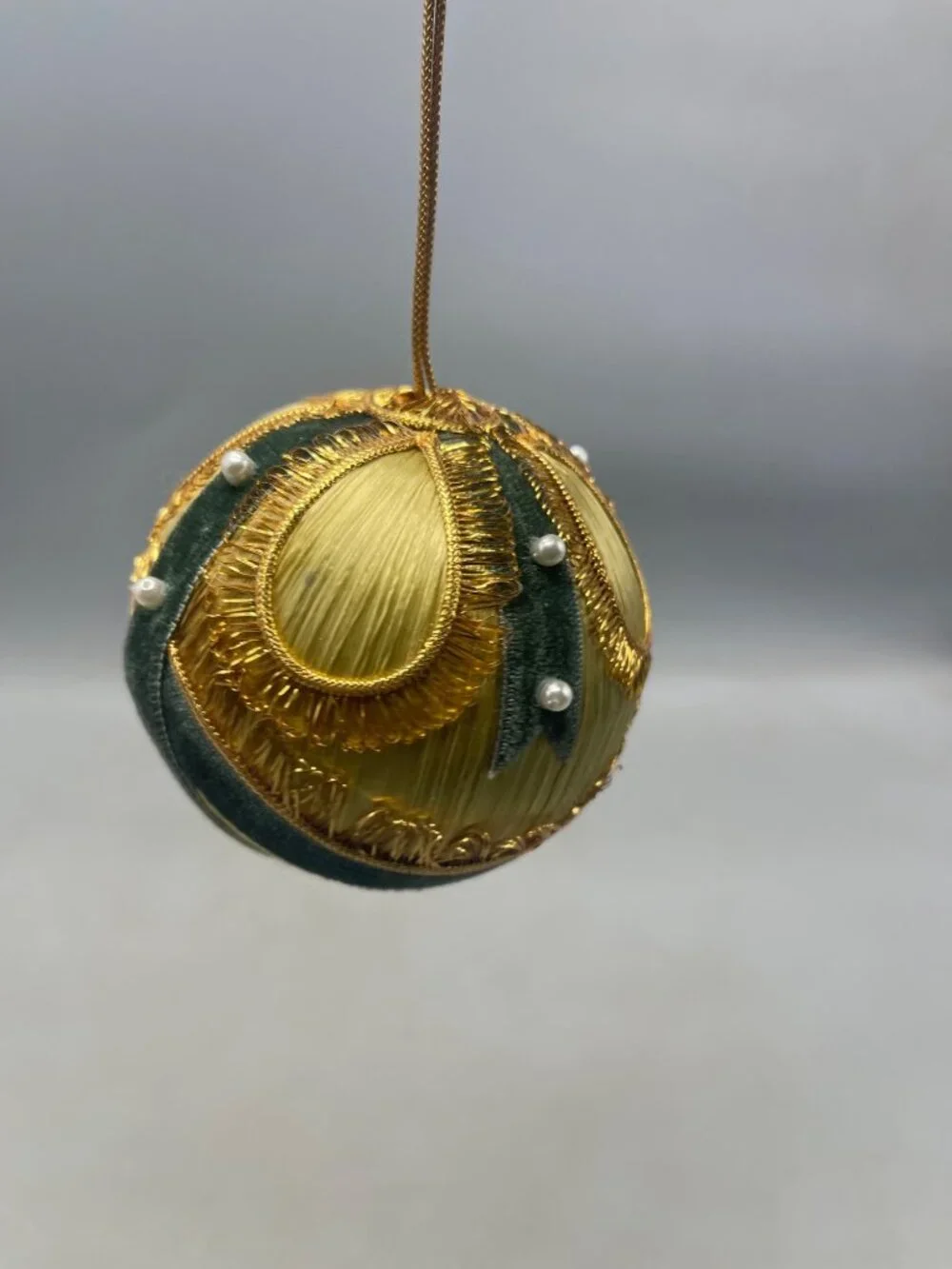 vintage set of 2 silk Christmas ornament gold green ribbon embellished felt READ